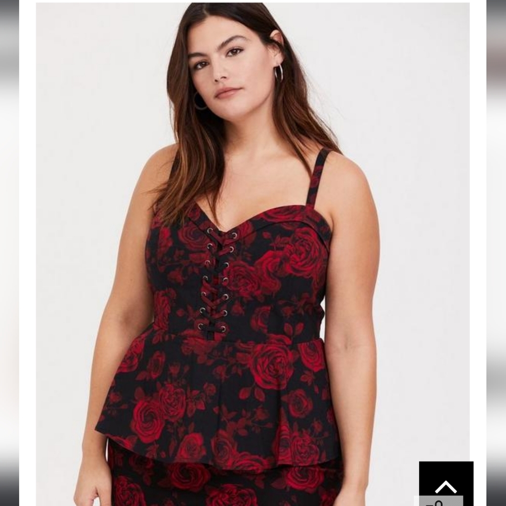 Torrid - Black & red rose patterened peplum tank top